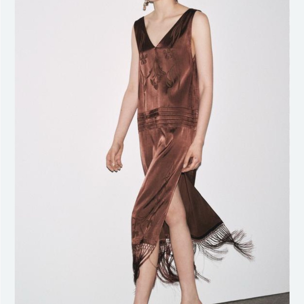 Zara Brown Midi Dress with Fringe